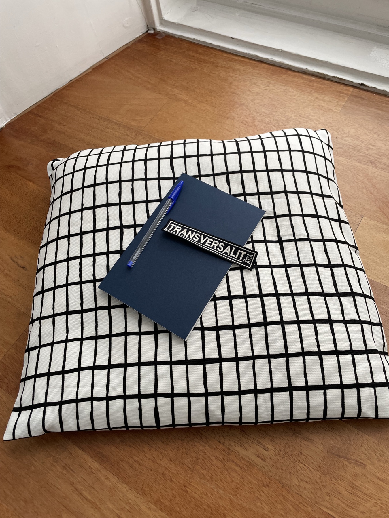 Blue Transversality notebook, pen and embroidered patch on a patterned cushion